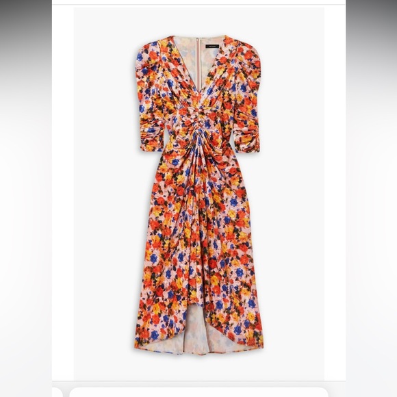 ISABEL MARANT Gilalbi ruched floral-print stretch-velvet midi dress orange US 10 - Picture 5 of 17